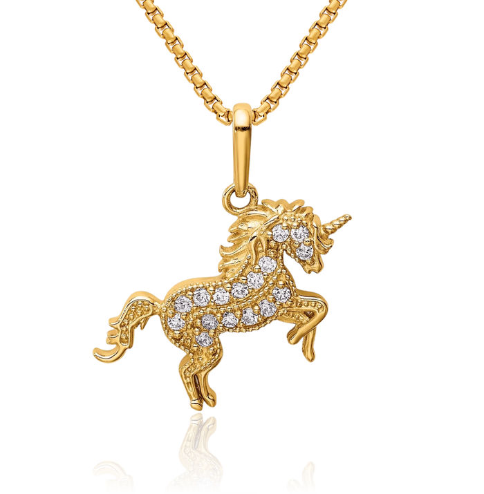 14K Solid Yellow Gold Rearing Unicorn Magical Horse Head Cubic Zirconia CZ Necklace Animal Lover Pendant Equestrian Charm