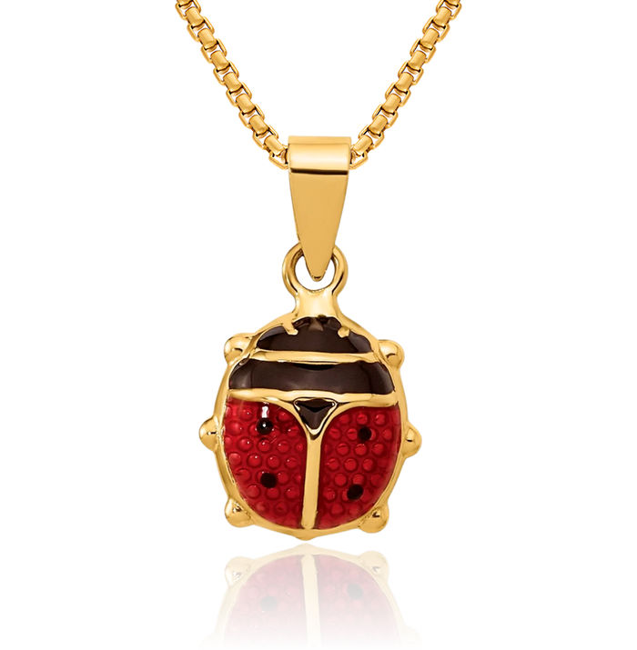 14K Solid Yellow Gold Red Black Ladybug Necklace Chain Pendant Charm