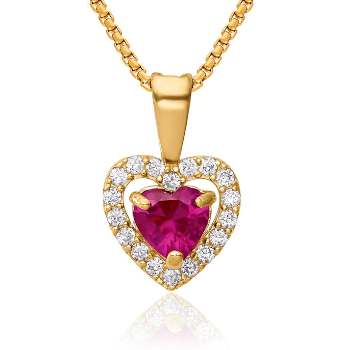 14K Solid Yellow Gold Red Cubic Zirconia CZ Heart Necklace Love Pendant Charm