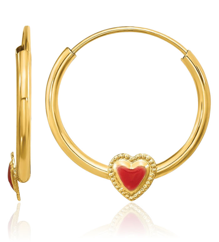 14K Solid Yellow Gold Red Heart Friendship Huggie Endless Small Hoop Earrings