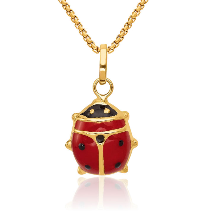 14K Solid Yellow Gold Red Ladybug Necklace Chain Pendant Charm