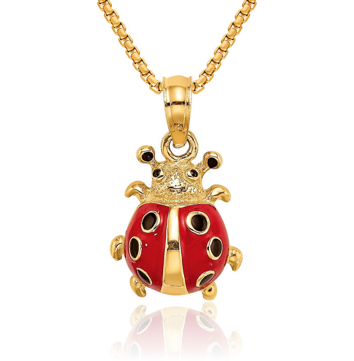 14K Solid Yellow Gold Red Ladybug Necklace Chain Pendant Charm