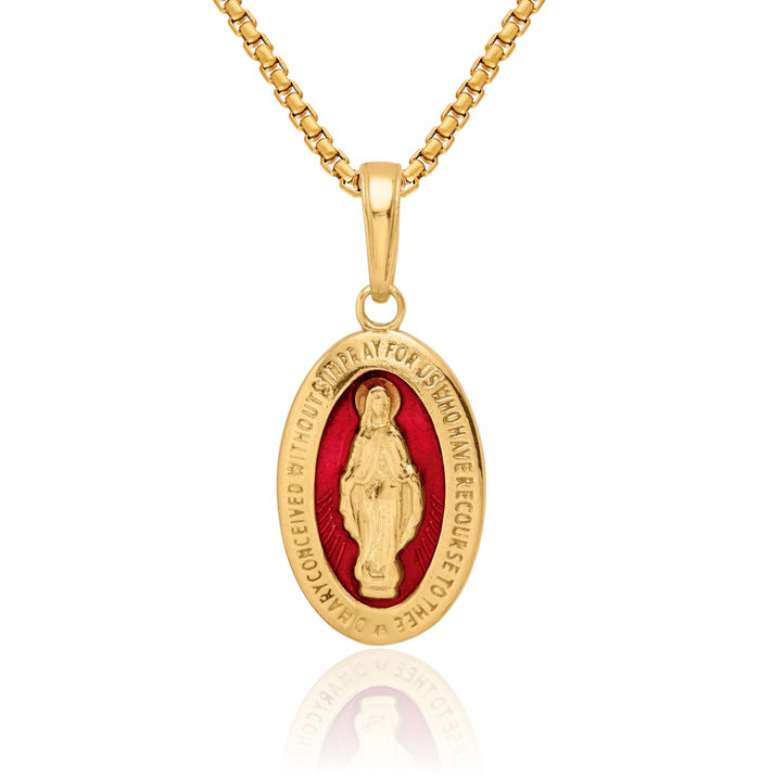 14K Solid Yellow Gold Red Our Lady of Miraculous Medal Blessed Virgin Mary Necklace Chain Pendant Charm