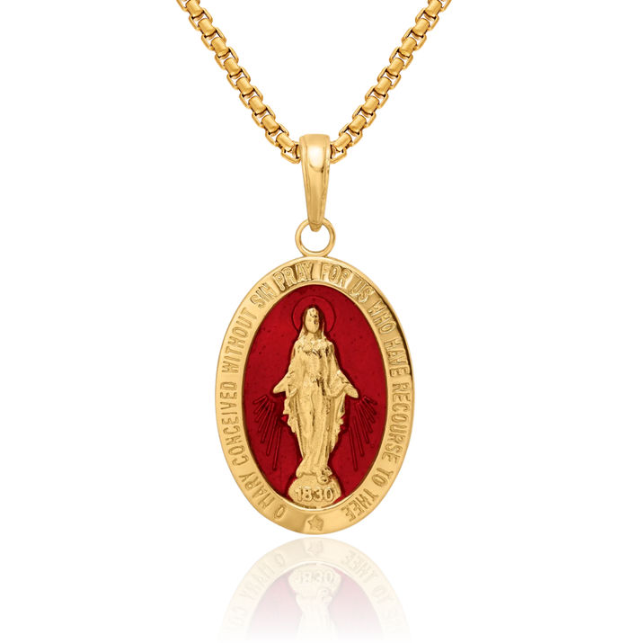 14K Solid Yellow Gold Red Our Lady of Miraculous Medal Blessed Virgin Mary Necklace Chain Pendant Charm