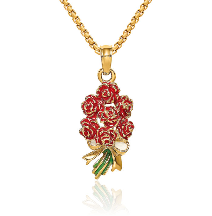 14K Solid Yellow Gold Bouquet of Red Rose Flower Flowers Necklace Chain Pendant Charm