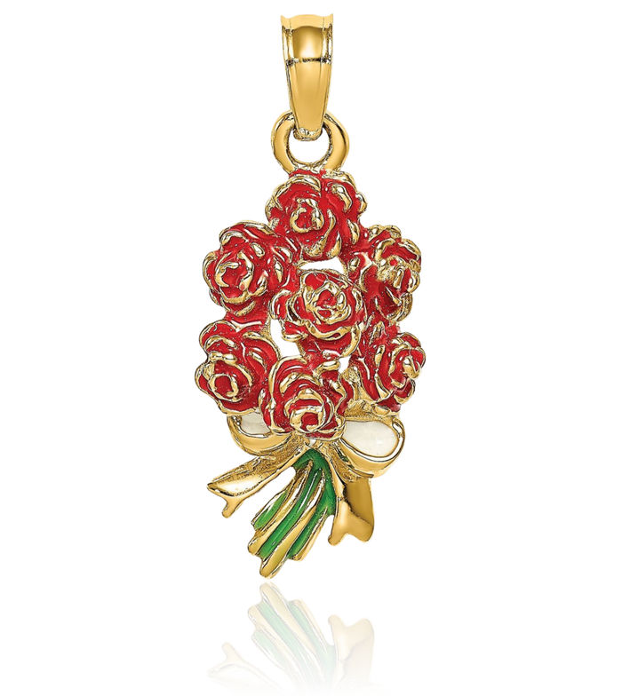 14K Solid Yellow Gold Bouquet of Red Rose Flower Flowers Necklace Chain Pendant Charm