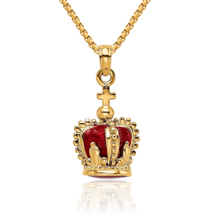 14K Solid Yellow Gold Red Royal Princess Crown Cross Necklace Religious Chain Pendant Jesus Christ Charm