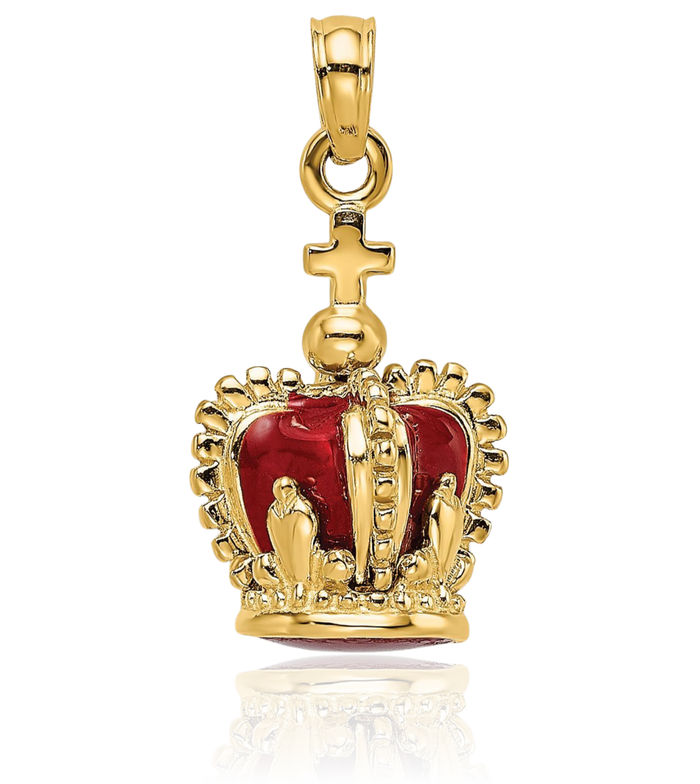 14K Solid Yellow Gold Red Royal Princess Crown Cross Necklace Religious Chain Pendant Jesus Christ Charm