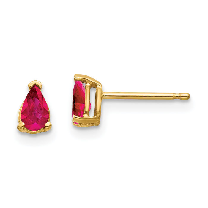 14K Solid Yellow Gold Red Ruby Studs Pear Teardrop Gemstone Solitaire Earrings July Birthstone Jewelry