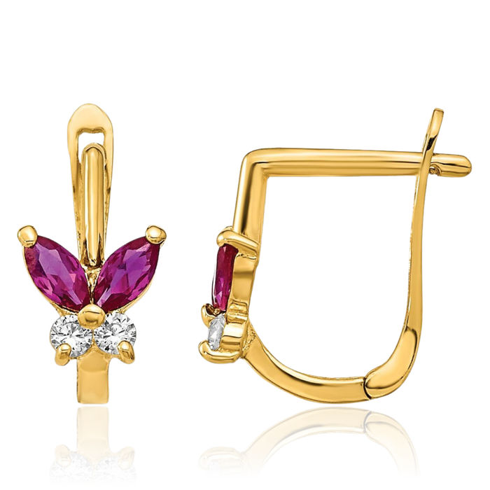 14K Solid Yellow Gold Red White Cubic Zirconia CZ Butterfly Wings Huggie Small Hoop Earrings