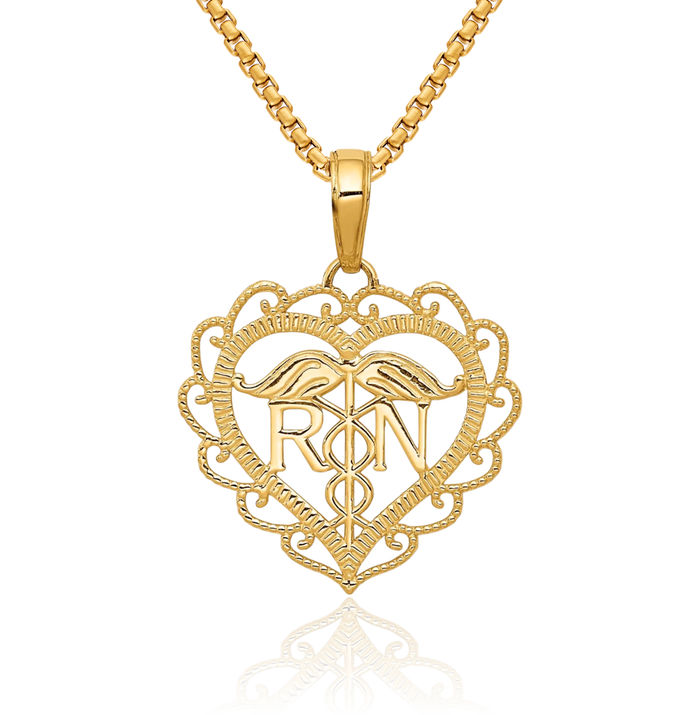 14K Solid Yellow Gold Registered Nurse Caduceus Paramedic Rn Doctor Medical Student Nursing Symbol Heart Necklace Love Pendant Charm