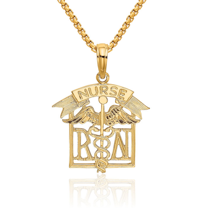 14K Solid Yellow Gold Registered Nurse Caduceus Paramedic Rn Doctor Medical Student Nursing Symbol Necklace Chain Pendant Charm