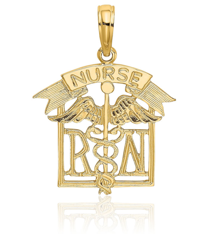 14K Solid Yellow Gold Registered Nurse Caduceus Paramedic Rn Doctor Medical Student Nursing Symbol Necklace Chain Pendant Charm