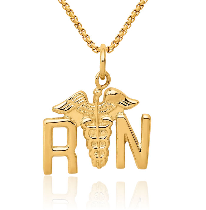 14K Solid Yellow Gold Registered Nurse Caduceus Paramedic Rn Doctor Medical Student Nursing Symbol Necklace Chain Pendant Charm