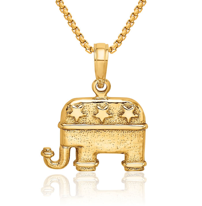 14K Solid Yellow Gold Republican Elephant Necklace Chain Pendant Charm