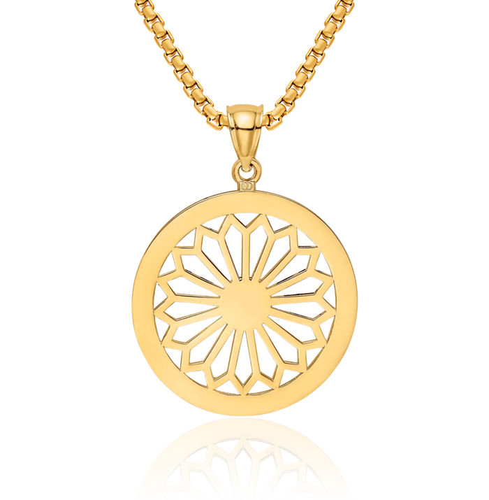 14K Solid Yellow Gold Retro Daisy Flower Round Geometric Necklace Chain Pendant Charm