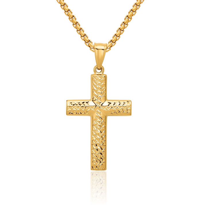 14K Solid Yellow Gold Reversible Latin Mexican Holy Cross Necklace Religious Chain Pendant Jesus Christ Charm