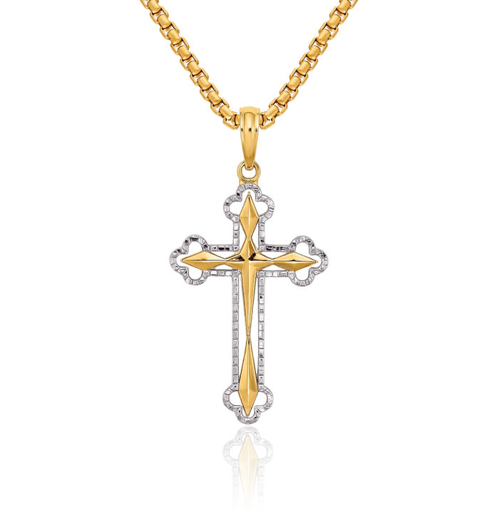 14K Solid Yellow Gold Reversible Holy Cross Necklace Religious Chain Pendant Jesus Christ Charm