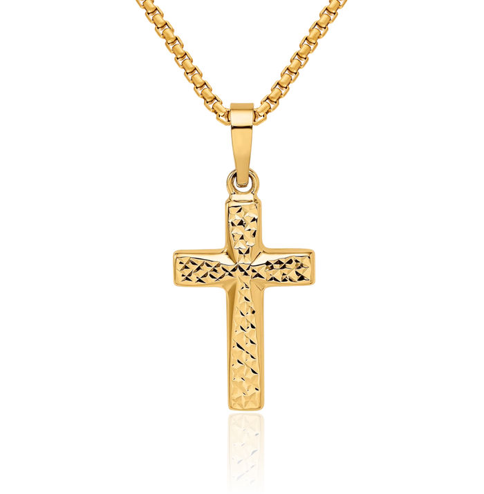 14K Solid Yellow Gold Reversible Latin Mexican Holy Cross Necklace Religious Chain Pendant Jesus Christ Charm