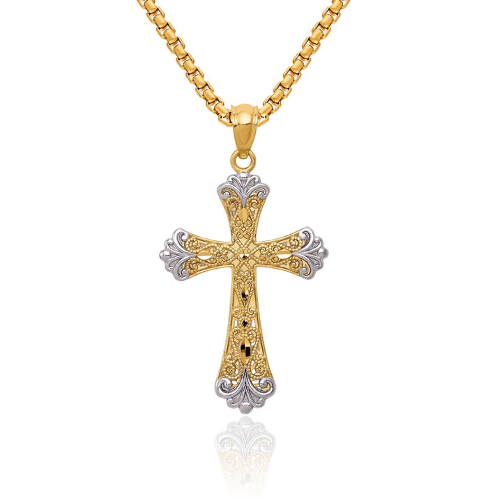 14K Solid Yellow Gold Reversible Holy Cross Necklace Religious Chain Pendant Jesus Christ Charm