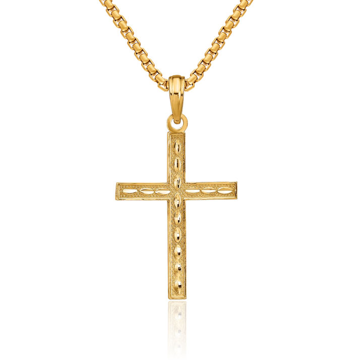 14K Solid Yellow Gold Reversible Faith Hope Love Latin Mexican Holy Cross Necklace Religious Chain Pendant Jesus Christ Charm