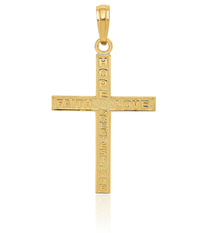 14K Solid Yellow Gold Reversible Faith Hope Love Latin Mexican Holy Cross Necklace Religious Chain Pendant Jesus Christ Charm