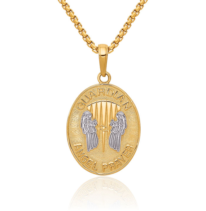 14K Solid Yellow Gold Reversible Guardian Angel Wings Prayer Necklace Protect Us Cherub Pendant Religious Charm