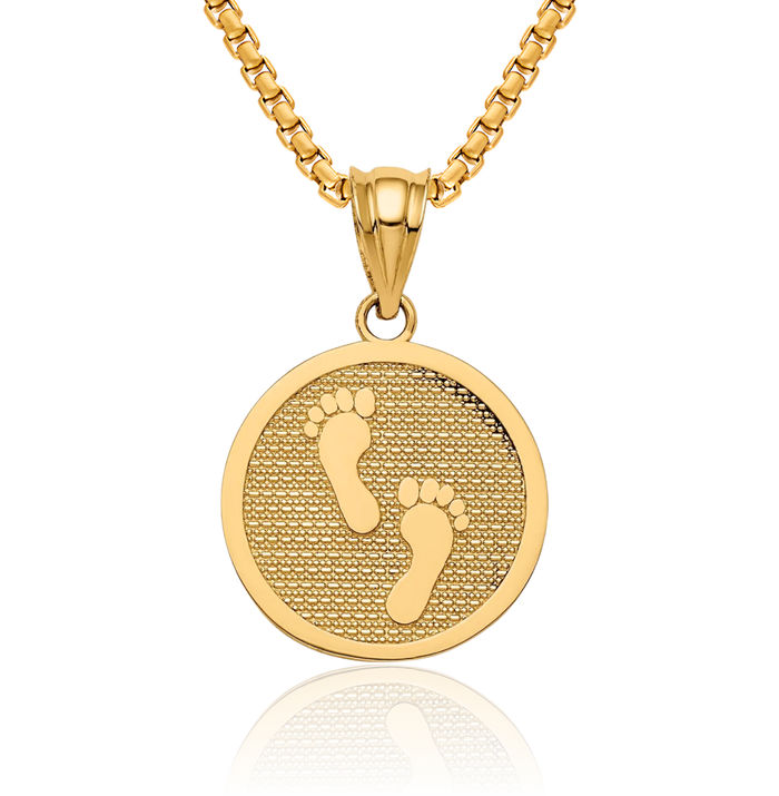 14K Solid Yellow Gold Reversible Have Faith Footprints Necklace Chain Pendant Charm