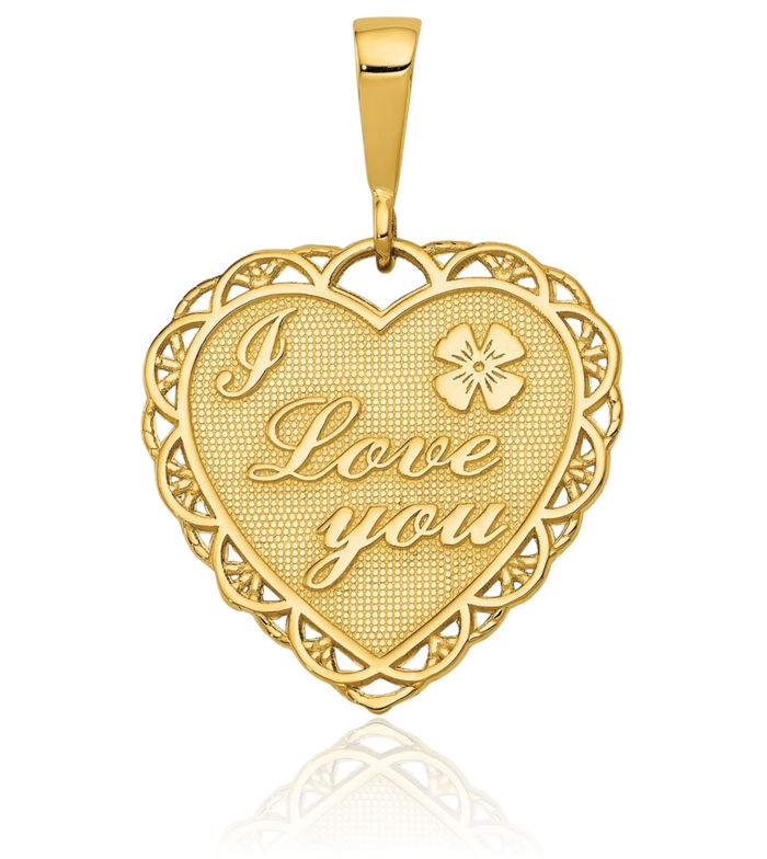 14K Solid Yellow Gold Reversible I Love You Heart Necklace Chain Pendant Charm