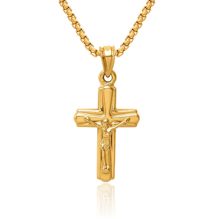 14K Solid Yellow Gold Reversible Lord Jesus Christ Crucifix Holy Cross Necklace Religious Chain Pendant Charm