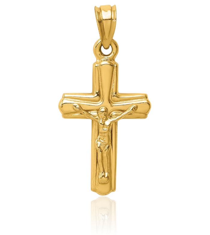 14K Solid Yellow Gold Reversible Lord Jesus Christ Crucifix Holy Cross Necklace Religious Chain Pendant Charm