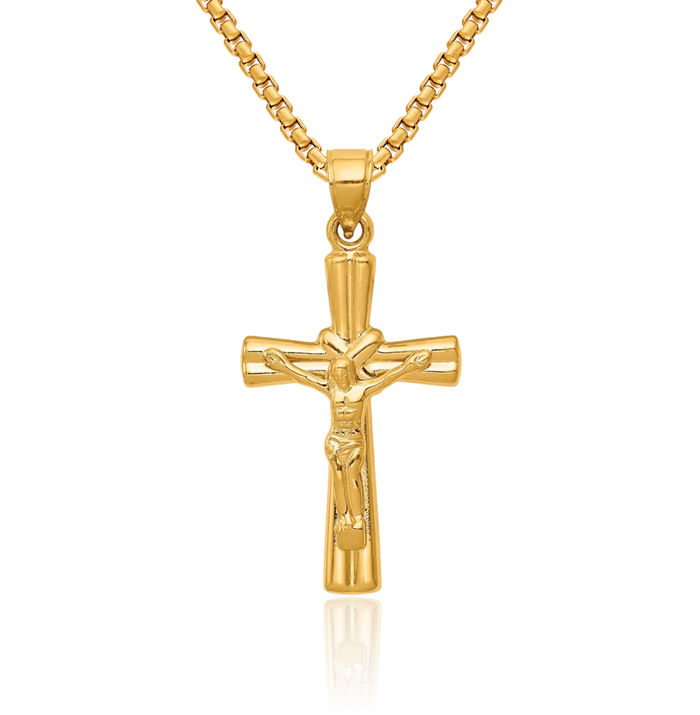 14K Solid Yellow Gold Reversible Lord Jesus Christ Crucifix Latin Mexican Holy Cross Necklace Religious Chain Pendant Charm