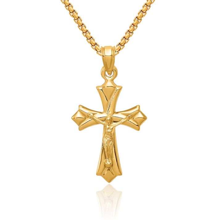 14K Solid Yellow Gold Reversible Lord Jesus Christ Crucifix Holy Cross Necklace Religious Chain Pendant Charm