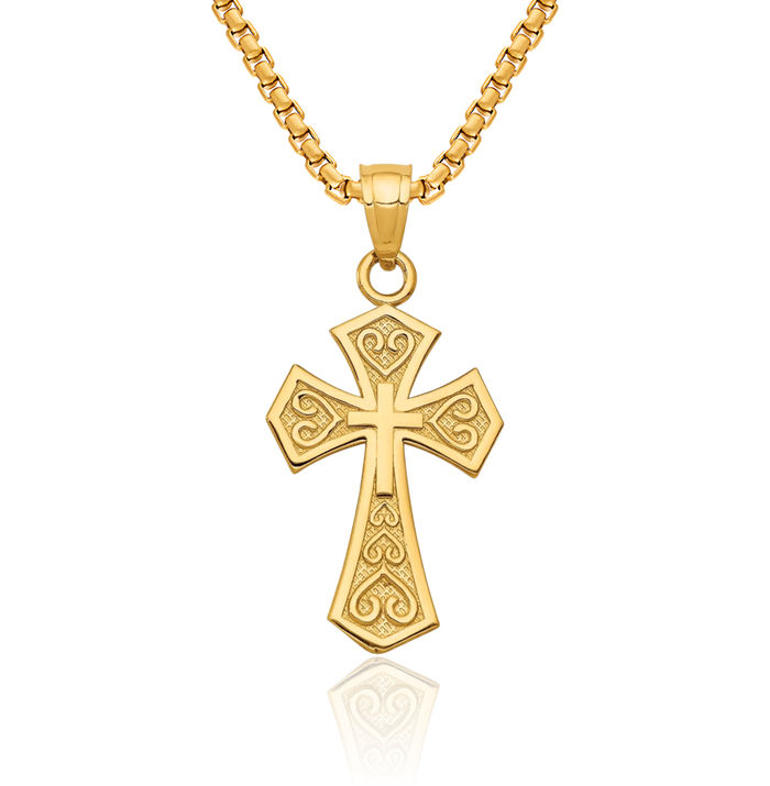 14K Solid Yellow Gold Reversible Passion Holy Cross Necklace Religious Chain Pendant Jesus Christ Charm