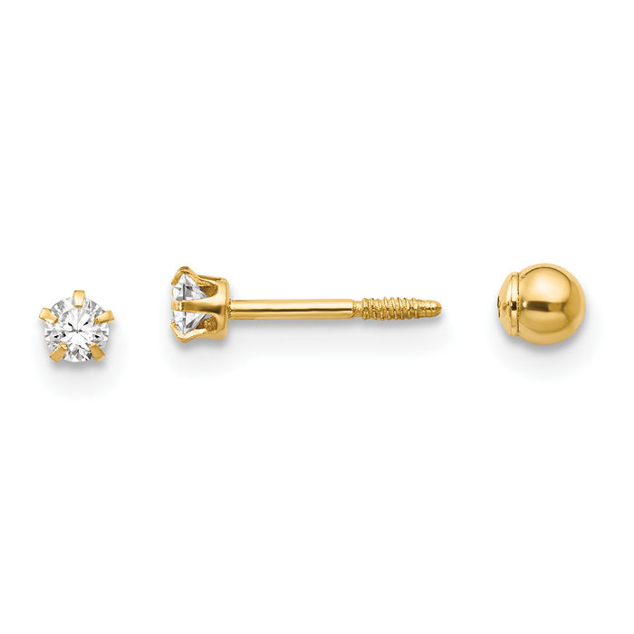 14K Solid Yellow Gold Reversible Rhinestone Crystals 3mm Ball Stud Earrings