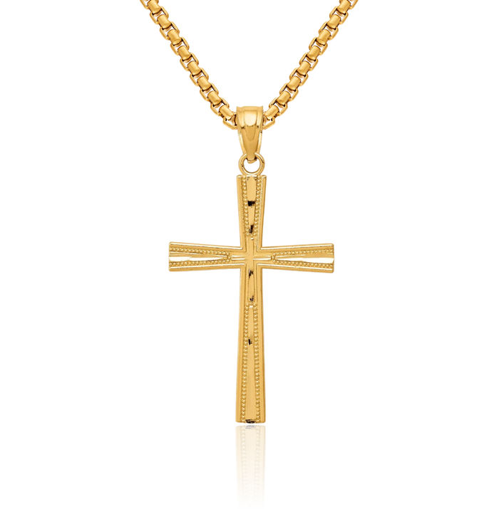 14K Solid Yellow Gold Reversible Satin Latin Mexican Holy Cross Necklace Religious Chain Pendant Jesus Christ Charm