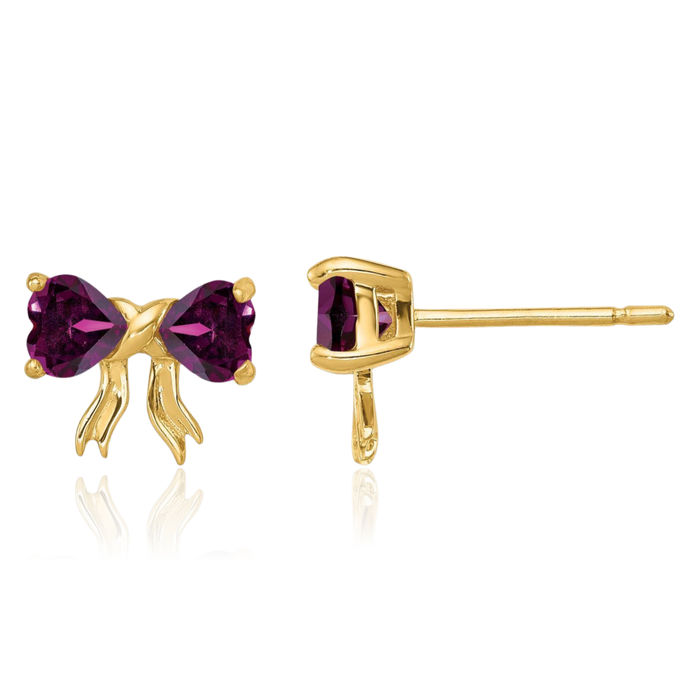 14K Solid Yellow Gold Purple Rhodolite Garnet Bow Heart Stud Earrings June Birthstone Jewelry