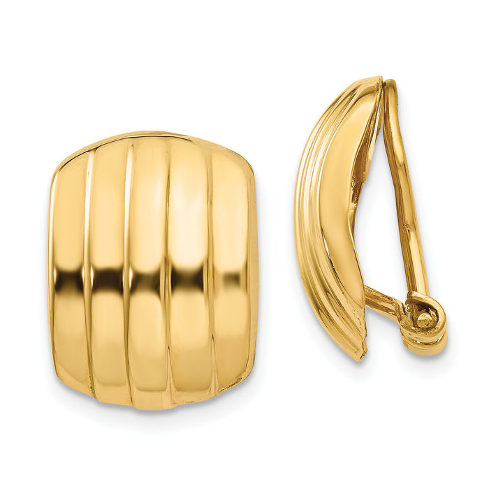 14K Solid Yellow Gold Ribbed Non Pierced Clip On Omega Back Post Stud Earrings