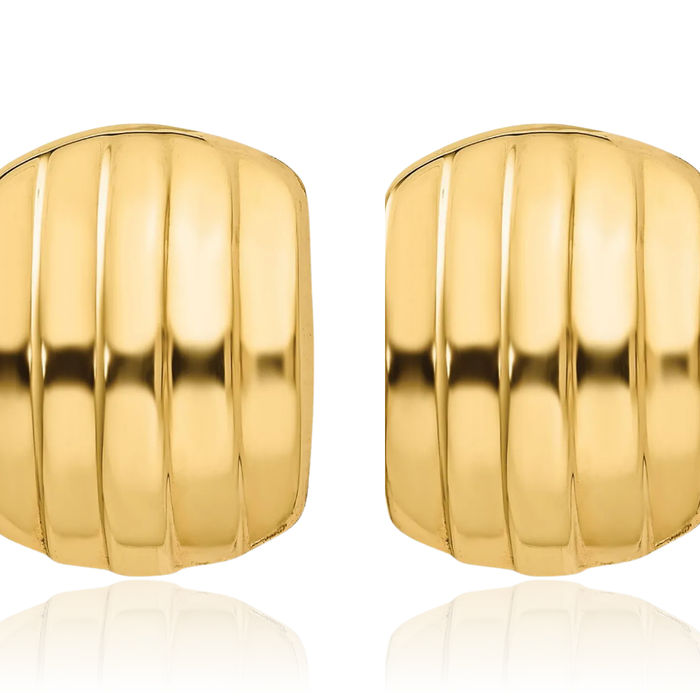 14K Solid Yellow Gold Ribbed Non Pierced Clip On Omega Back Post Stud Earrings