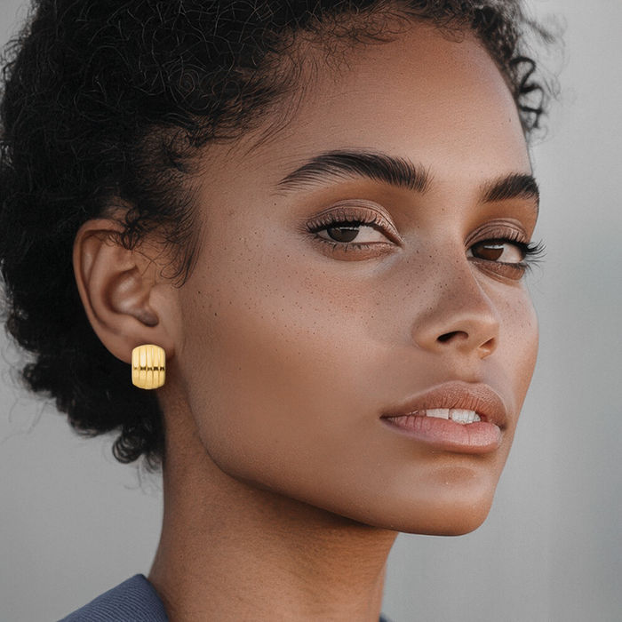 14K Solid Yellow Gold Ribbed Non Pierced Clip On Omega Back Post Stud Earrings
