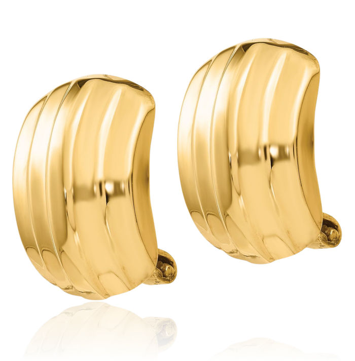 14K Solid Yellow Gold Ribbed Non Pierced Clip On Omega Back Post Stud Earrings
