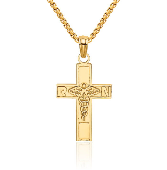 14K Solid Yellow Gold Small Medical Caduceus Cross Pendant Necklace