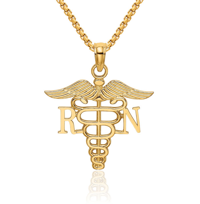 14K Solid Yellow Gold Rn Nurse Caduceus Paramedic Emt Doctor Medical Student Nursing Symbol Necklace Chain Pendant Charm