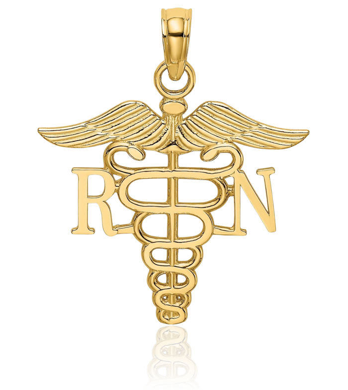 14K Solid Yellow Gold Rn Nurse Caduceus Paramedic Emt Doctor Medical Student Nursing Symbol Necklace Chain Pendant Charm