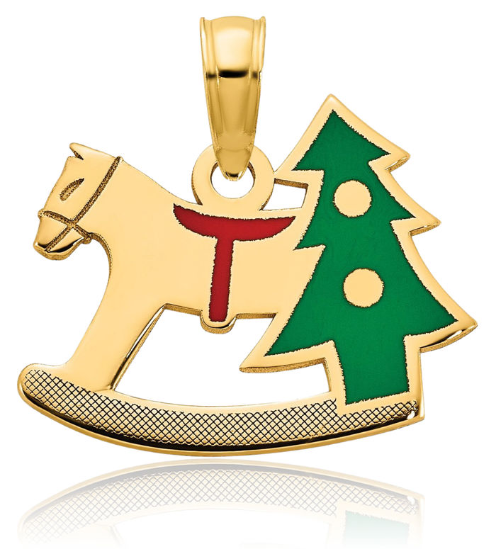 14K Solid Yellow Gold Rocking Horse Head Christmas Tree Necklace Animal Lover Pendant Equestrian Charm