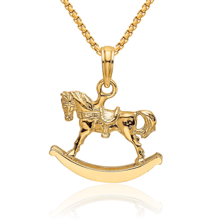 14K Solid Yellow Gold Rocking Horse Head Necklace Animal Lover Pendant Equestrian Charm