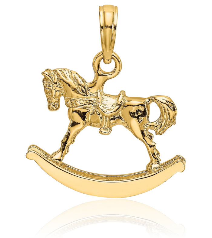 14K Solid Yellow Gold Rocking Horse Head Necklace Animal Lover Pendant Equestrian Charm