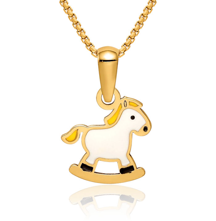 14K Solid Yellow Gold Rocking Horse Head Necklace Animal Lover Pendant Equestrian Charm