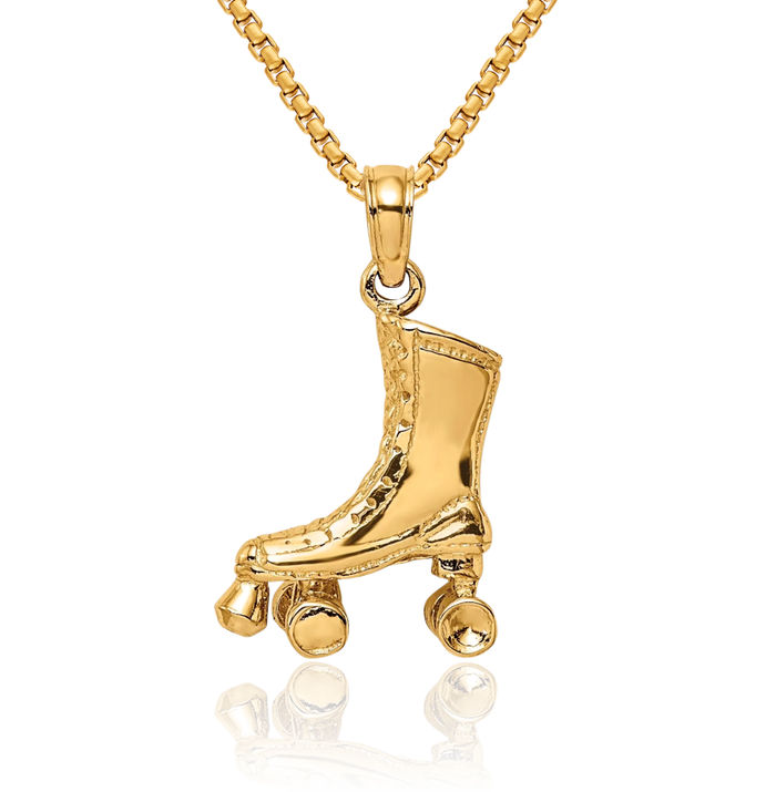 14K Solid Yellow Gold Roller Skate Necklace Skating Charm Sports Pendant