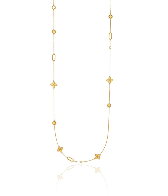 14K Solid Yellow Gold Rope Edge Flower Station Necklace Chain